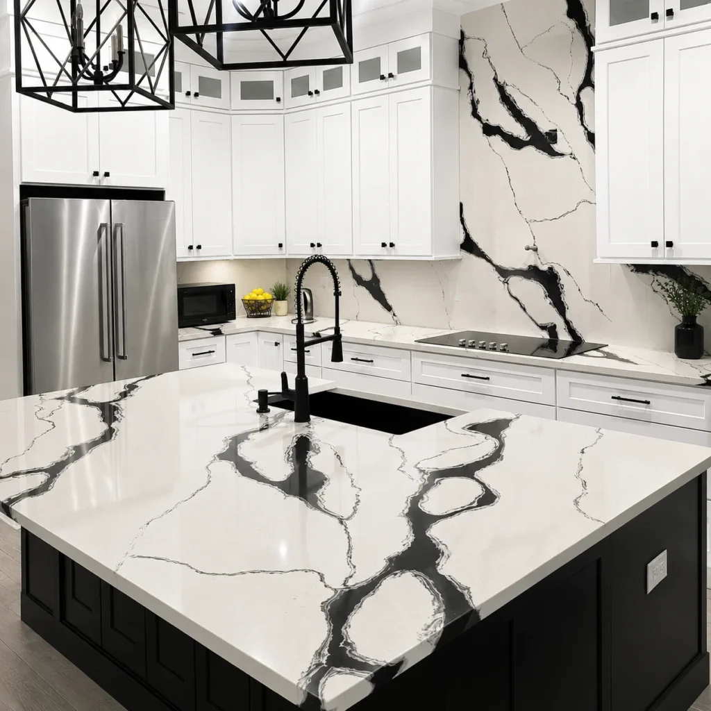 Modern kitchen with Calacatta quartz countertops in East Tennessee featuring a waterfall island and full-height backsplash.