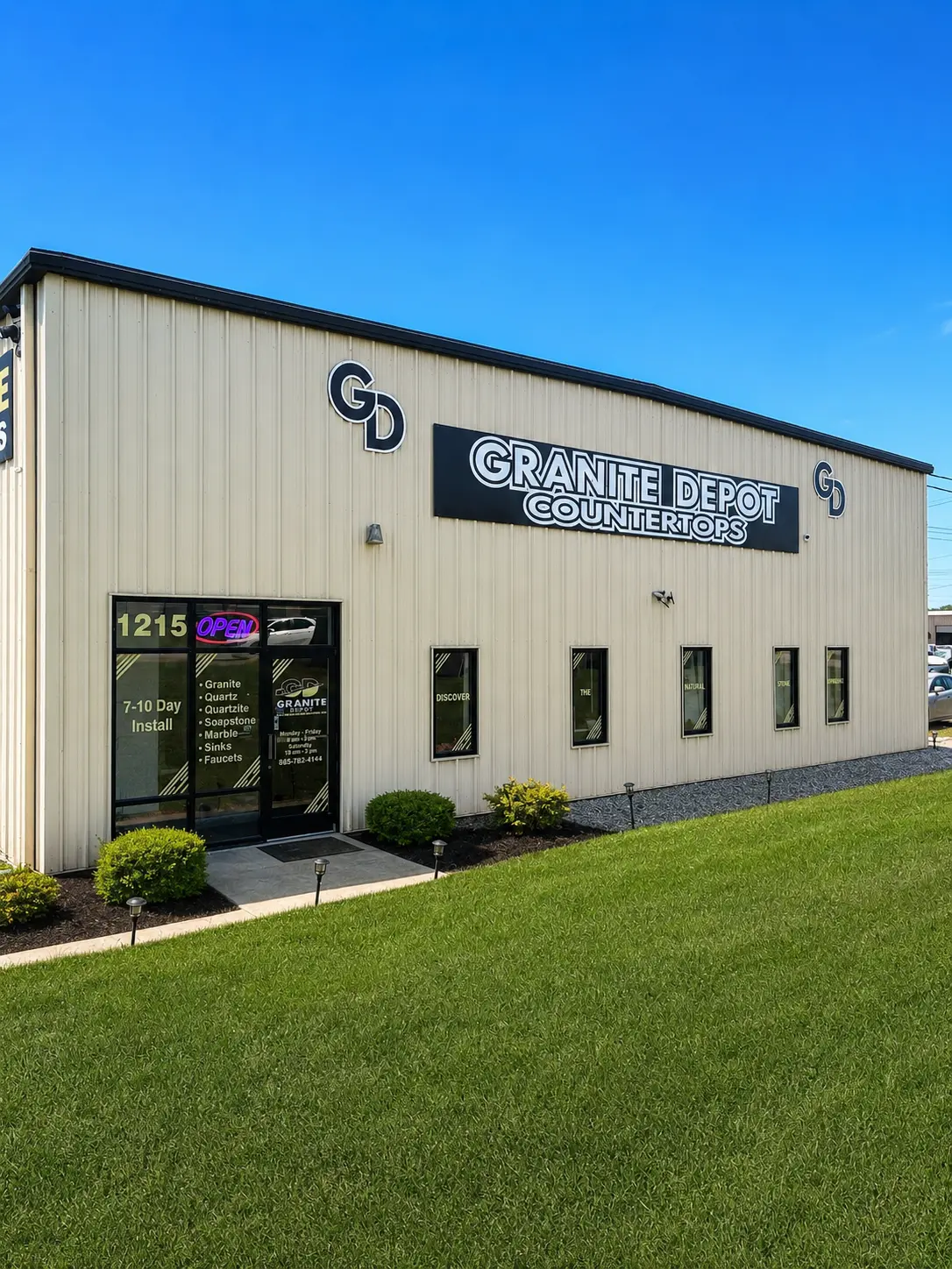 Exterior of Granite Depot countertop showroom in East Tennessee offering granite, quartz, and custom countertop solutions.