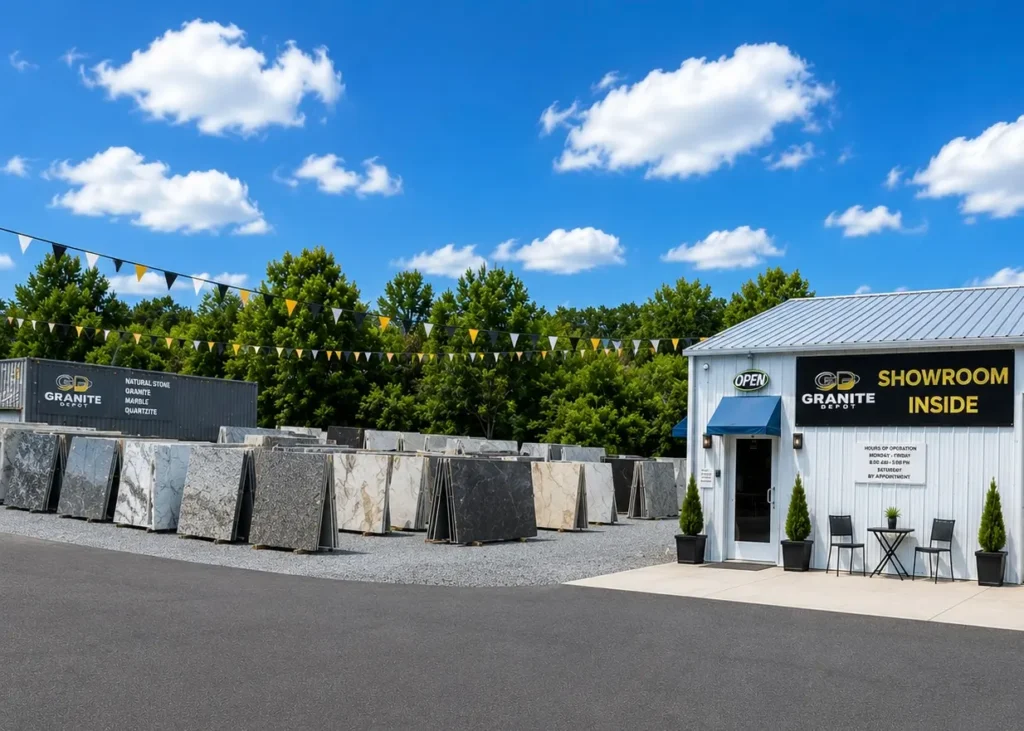 Outdoor granite slab showroom in East Tennessee displaying premium stone slabs outside the Granite Depot showroom.