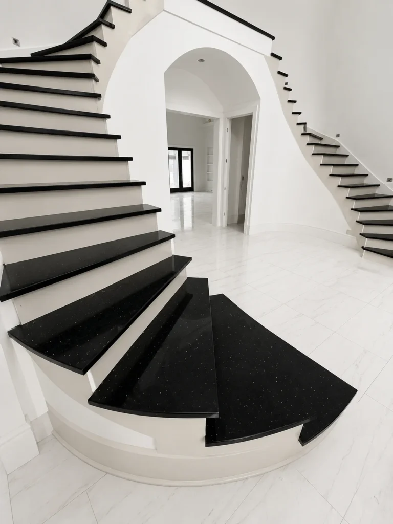 Curved staircase with black quartz stair treads in East Tennessee creating a modern luxury entryway.