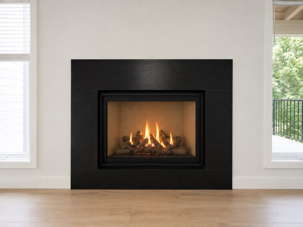 Modern living room fireplace with a sleek black quartz surround installed in an East Tennessee home.