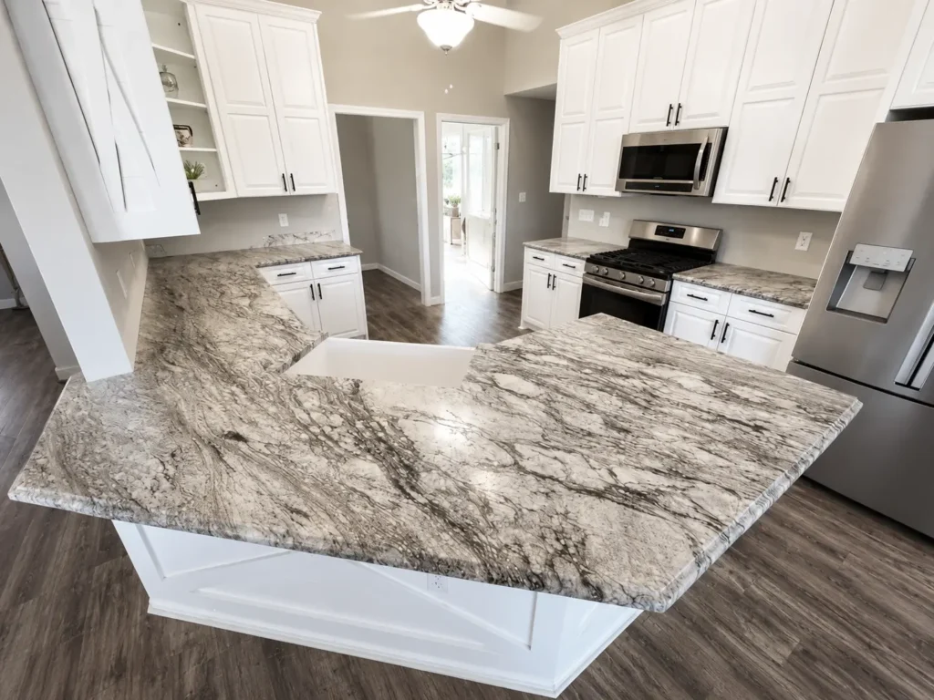 Blue Dunes granite kitchen countertop installation with waterfall island in a modern East Tennessee home