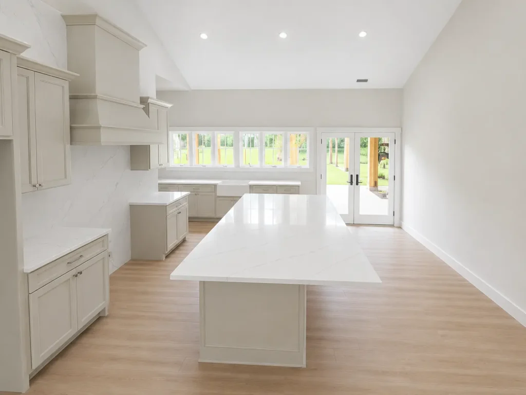 Calacatta Sienna Gold quartz kitchen island and countertops installed in a modern East Tennessee home