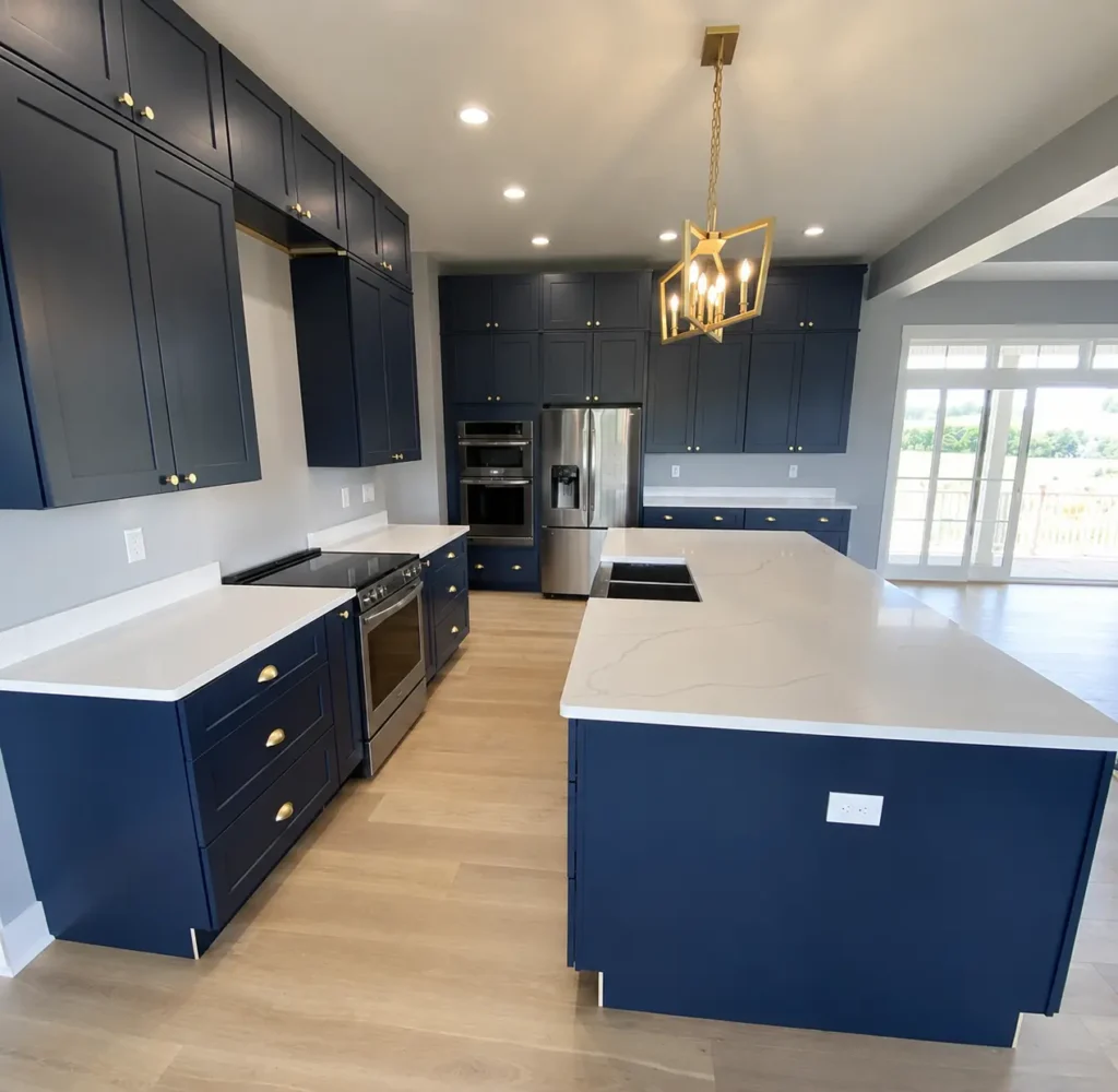 Calacatta Sienna Silver quartz kitchen island and countertops installed in a modern East Tennessee home