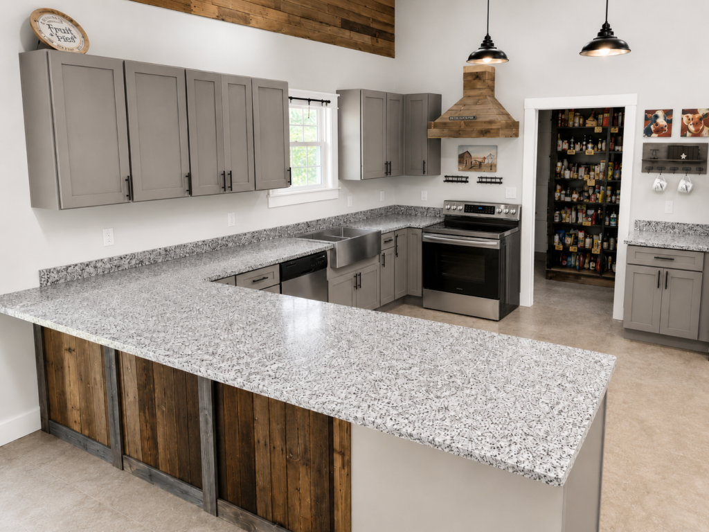 Modern kitchen with Luna Pearl granite countertops in East Tennessee featuring a large peninsula and custom cabinetry.