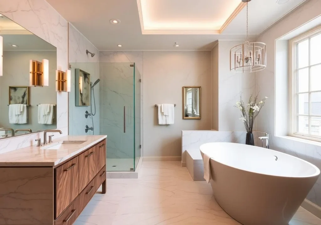 Luxury bathroom with marble bathroom countertops in East Tennessee featuring a double vanity, walk-in shower, and soaking tub.