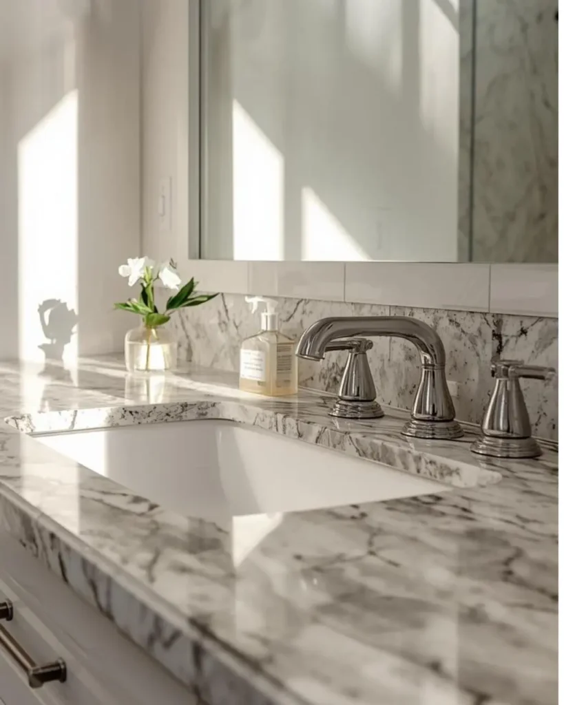 Marble bathroom vanity countertop in East Tennessee with an undermount sink, polished faucet, and matching backsplash.