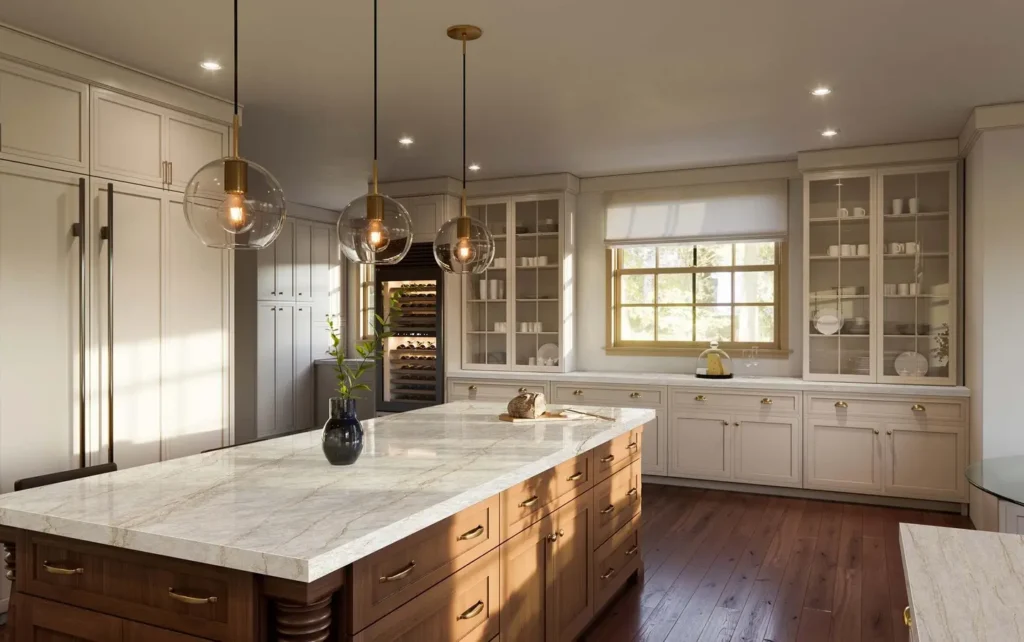Elegant kitchen with marble kitchen countertops in East Tennessee featuring a large custom island and premium cabinetry.