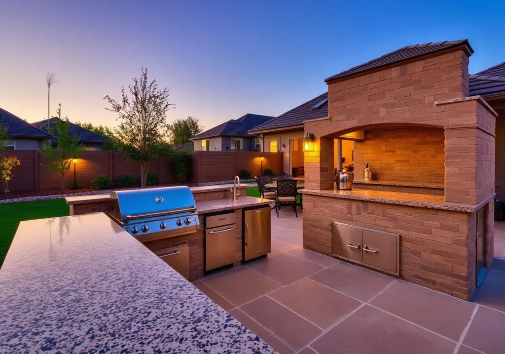 Luxury outdoor kitchen with custom granite countertops, built-in grill, bar seating, and stone fireplace installed in Knoxville, Tennessee.