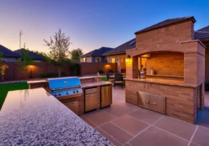 Luxury outdoor kitchen with custom granite countertops, built-in grill, bar seating, and stone fireplace installed in Knoxville, Tennessee.