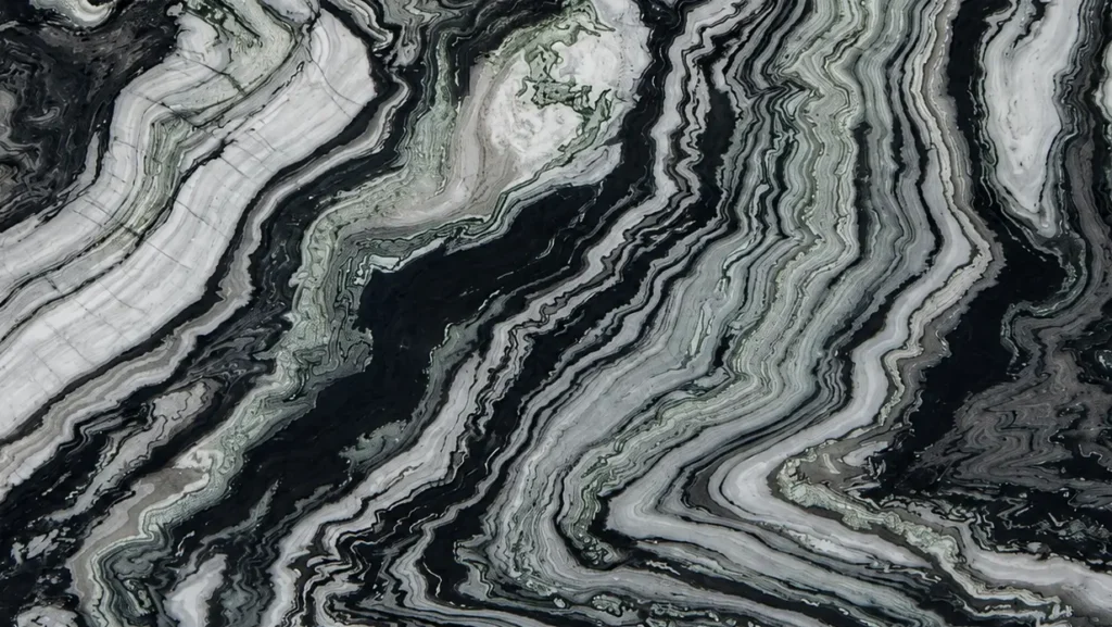 Close-up of a Panda White marble slab with dramatic black and gray flowing veining in East Tennessee.