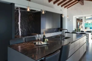 Custom soapstone kitchen island and countertops installed in a modern East Tennessee home