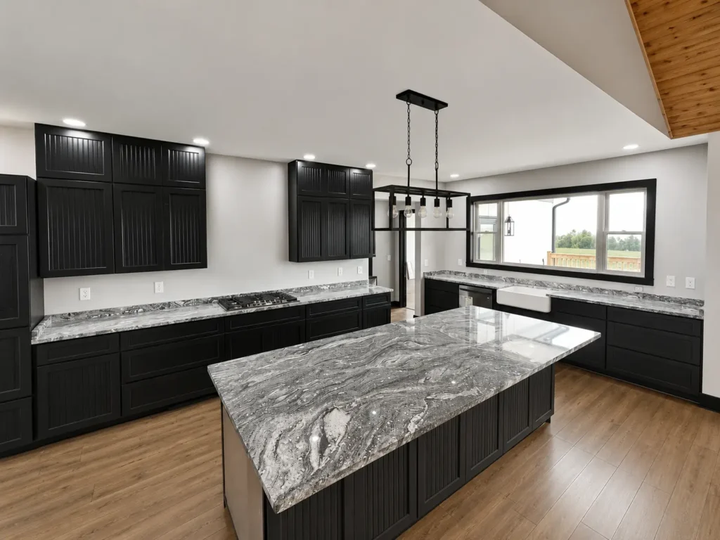Viscont White granite kitchen island and countertops installed in a modern East Tennessee home