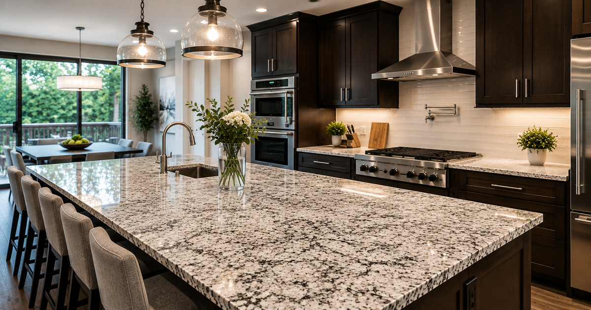 Granite countertop island with upholstered bar stools, pendant lights, and dark wood cabinetry