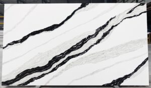 Panda White quartz slab with a bright white background and dramatic black and soft gray veining.